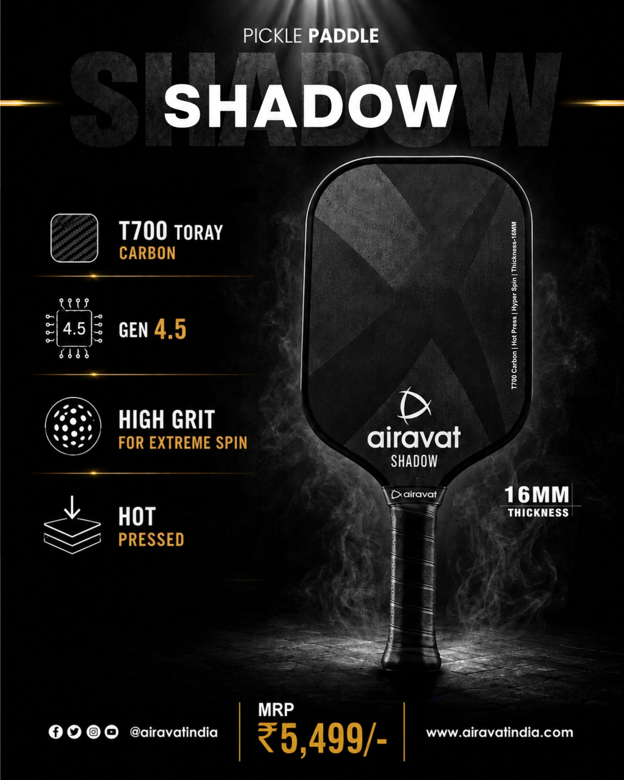 Airavat Shadow 7422 Pickle Ball Paddle 16mm